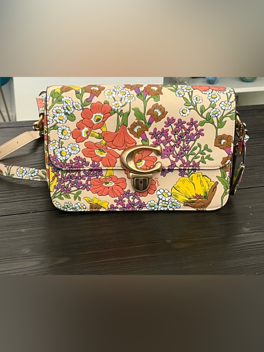 COACH Studio Shoulder Bag Floral C Logo Leather Beige Multicolor CJ358
